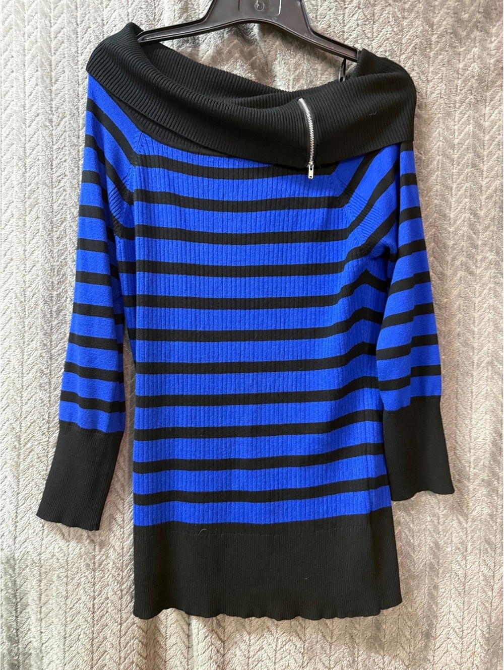 Bongo Women's 2X Blue and Black Striped Off-Shoulder Sweater Dress
